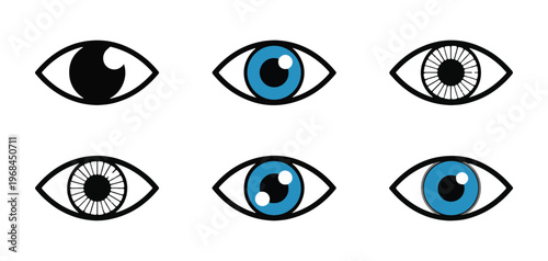 Minimalist eye icon set with various iris designs and pupils featuring flat blue colors and vector line art style.