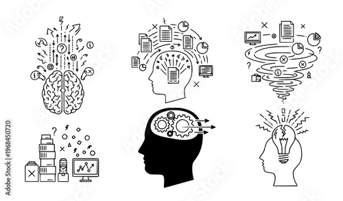 A collection of five black and white vector illustrations depicting human heads and brains with various symbols and icons representing ideas and thinking