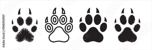 Animal paw prints set, dog, wolf, cat, and bear paw prints with fur texture and claws.