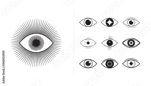 Occult eye collection featuring mystic ray designs and hand drawn artistic symbols for spiritual vector projects.