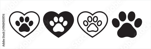 Heart with paw print inside vector icon set, animal love symbol, pet care concept.