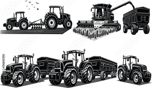 Agricultural machinery silhouettes showing tractors, combine harvester and grain trailer in field, detailed farm equipment illustration for harvesting, plowing and rural farming concepts
