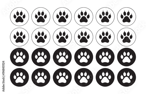 Collection of dog paw prints in black and white circles with clean minimal design for graphic assets.
