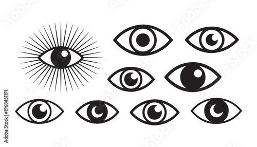 Geometric eye icon pack featuring a large radiant sunburst symbol and multiple smaller pupil variations vector.