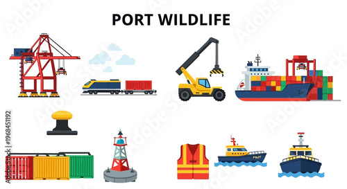 Modern Flat Illustration of  port wildlife shipping cargo transport.