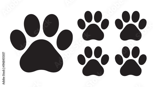 Collection of black animal paw prints on white background for graphic design and web decoration vector.