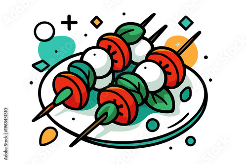 Gourmet Caprese Art. Caprese Skewers. Close-up of plated caprese skewers with floating abstract geometric shapes and soft glowing accents, fresh and delicious