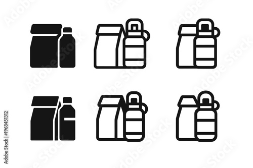 Lunch Logo Variations. Preparing school lunch. Icon set. Set Logo of preparing school lunch: insulated water bottle. harmonious logo variations of the same