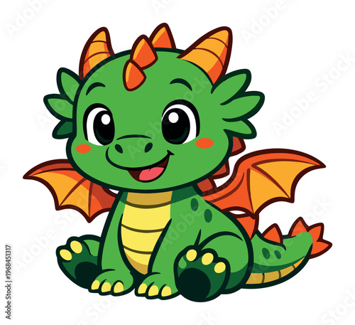 Adorable little green dragon with orange wings and horns sitting, embodying innocence and magic in a playful cartoon style