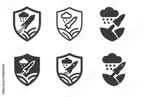 Hailstorm Prevention Logos. Hailstorm damage prevention in agriculture. Icon set. Set Logo of Hailstorm damage prevention in agriculture: hail suppression