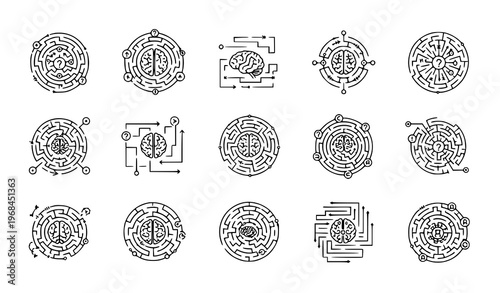 A collection of black and white line art circuit board icons in various designs arranged in rows on a plain white background