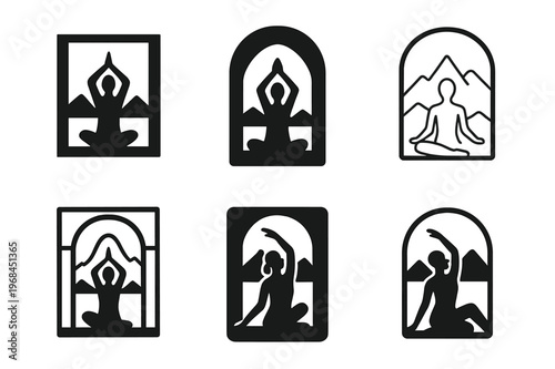 Yoga Logo Variations. A person performing yoga poses in front of a window with a beautiful view. Icon set. Set Logo of yoga scene: silhouette with mountain