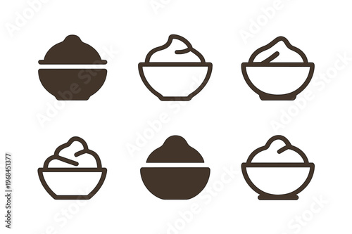 Mashed Potato Logos. Mashed potato mound. Icon set. Set Logo of mashed potato mound: rustic bowl of mash. harmonious logo variations of the same emblematic