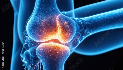 Medically Accurate 3D Illustration of Human Knee Joint with Pain Indication, Anatomy of Bones and Ligaments Depicted with Blue and Orange Hues