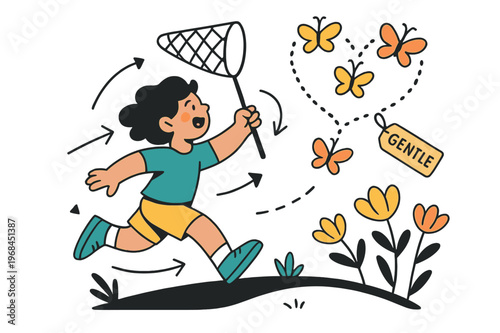 Chasing Butterflies. Butterfly chase. A child reaches with a soft net as butterflies form a dotted heart; ?Gentle? hangs on a tiny tag. Flowers bow like