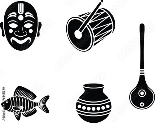 Bengali New Year Cultural Symbols Set Featuring Folk Mask Dhol Fish Clay Pot and Dotara Silhouette Icons