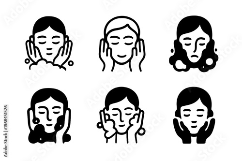 Face Washing Icons. Washing your face. Icon set. Set Logo of Washing your face: face with soap foam. harmonious logo variations of the same emblematic concept,
