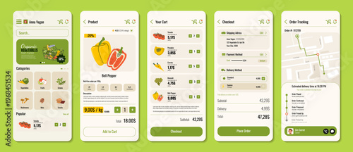 Modern grocery delivery home screen with search, categories and product list. Clean vegan food app interface for ecommerce, organic store and mobile shopping experience design.