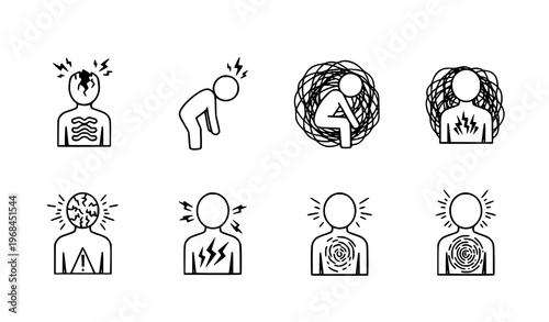 A set of eight minimalist line art illustrations depicting various human figures experiencing physical and mental discomfort or pain in a simple and iconic style