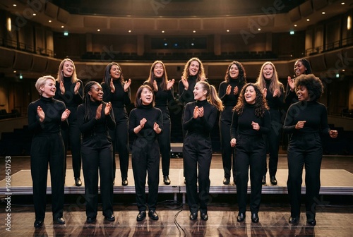 A modern multinational choir sings on stage, in stylish black clothes.