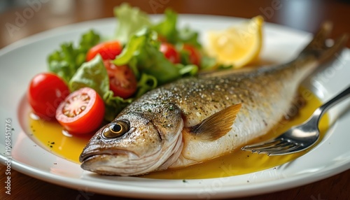 Whole grilled fish rests on plate beside fresh salad with tomatoes and lemon slice. Healthy seafood meal served with olive oil sauce. Delicious Mediterranean lunch.