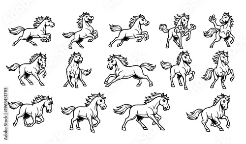 A set of black and white vector illustrations of horses in various running poses on a white background
