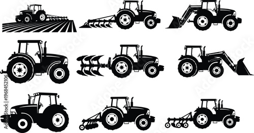 WebCollection of black silhouette farm tractors with agricultural attachments including plow, loader and seeder equipment isolated on white background for farming industry design
