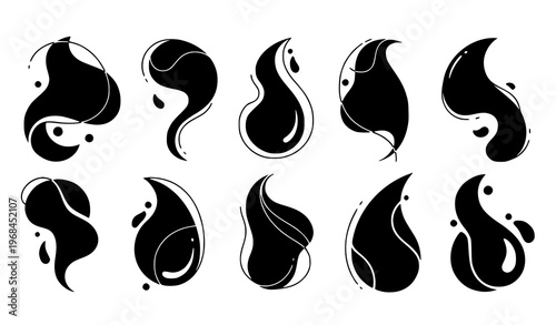 A set of ten black and white abstract flame vector graphics with swirling designs on a transparent background