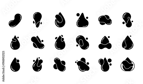 A set of black and white vector graphic droplets with varying shapes and sizes on a clean white background