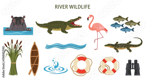 River wildlife and water elements icons.