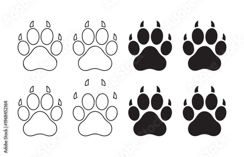 Set of eight bear paw prints, outline and solid versions, perfect for wild animal themed designs.
