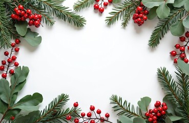 Christmas border with evergreen branches red berries and eucalyptus leaves on white background. Festive winter frame for seasonal greetings invitations flyers and cards.