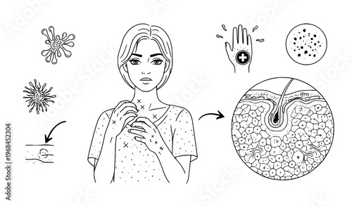 A black and white vector illustration of a woman with skin issues and a magnified view of skin affected by eczema or acne with various related icons