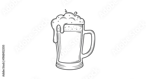 Full mug of cold lager beer with thick white froth and foam in a transparent glass cup with a handle isolated on a white background for a bar or pub