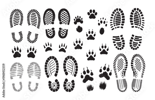 Diverse collection of human shoe prints, animal paw prints, and horse shoe prints vector set.