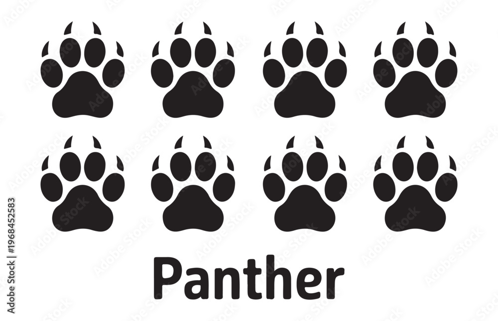 Fototapeta premium Eight stylized black panther paw prints arranged in two rows on white background isolated vector illustration.