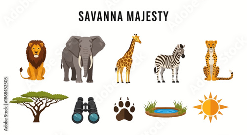 Savanna animals and landscape icons.