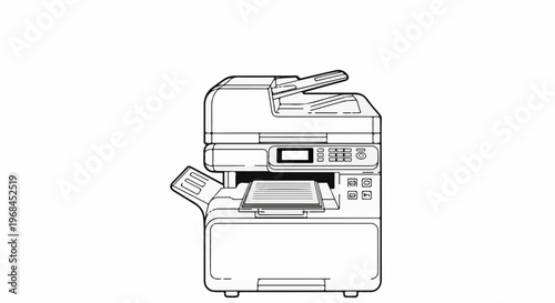 A black and white line drawing of a modern office multifunction printer