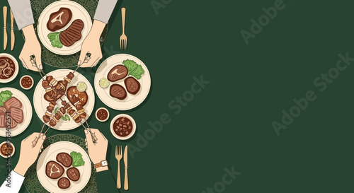 Flat illustration of Eid al-Adha feast with grilled meat skewers, steaks, and traditional dishes on green background top view.