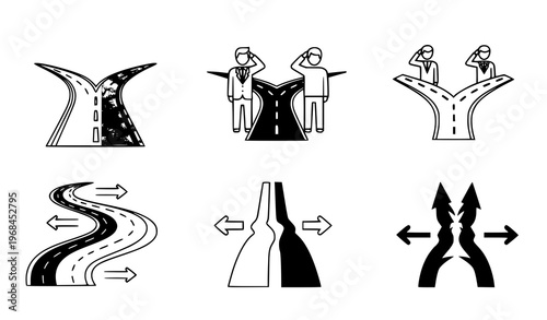 A set of six black and white vector graphic illustrations depicting various road junction and highway interchange designs with arrows and people at crossroads