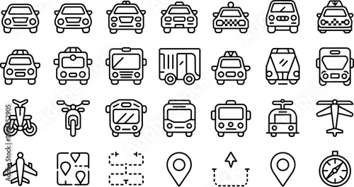 Collection of various transportation and navigation icons isolated on transparent background