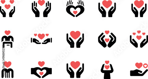 Set of diverse hand icons holding heart symbols for love and care