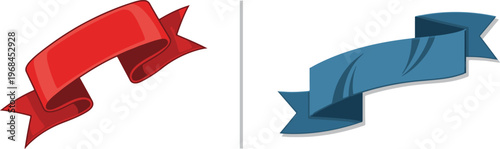 A pair of decorative vector ribbons, one vibrant red and the other deep blue, styled with folds and curled ends, presented side-by-side against a clean white background.