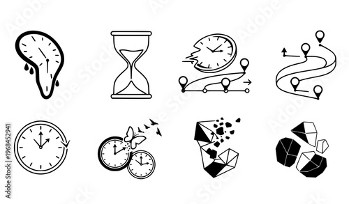 A collection of eight black and white vector icons representing time and clocks in various minimalist designs on a white background