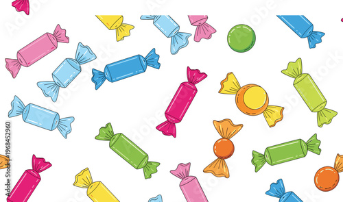 Colorful pattern of sweet candy in wrappers and round hard candies isolated on white background, perfect for birthday party, sugary snack, and dessert themes.
