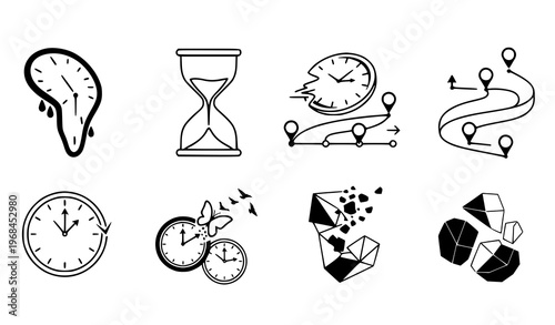 A collection of eight black and white vector icons depicting various clock and time related symbols on a plain white background