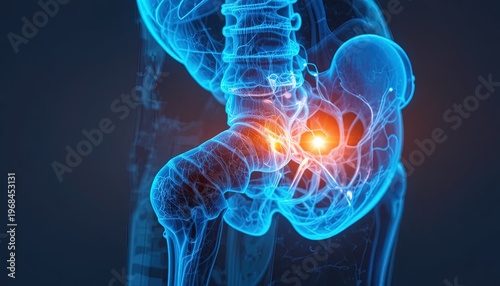 Blue X-Ray of Human Hip and Spine Showing Sciatica Pain, Diagnostic Medical Illustration