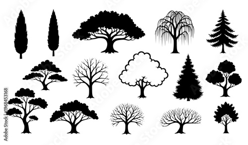 Tree Silhouette Collection Various Shapes Sizes Black Vector Set