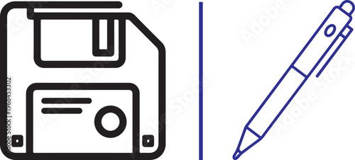 A minimalist vector illustration featuring a floppy disk icon on the left and a ballpoint pen icon on the right, separated by a vertical line.