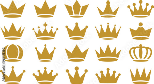 Collection of various stylized crown icons in gold color design